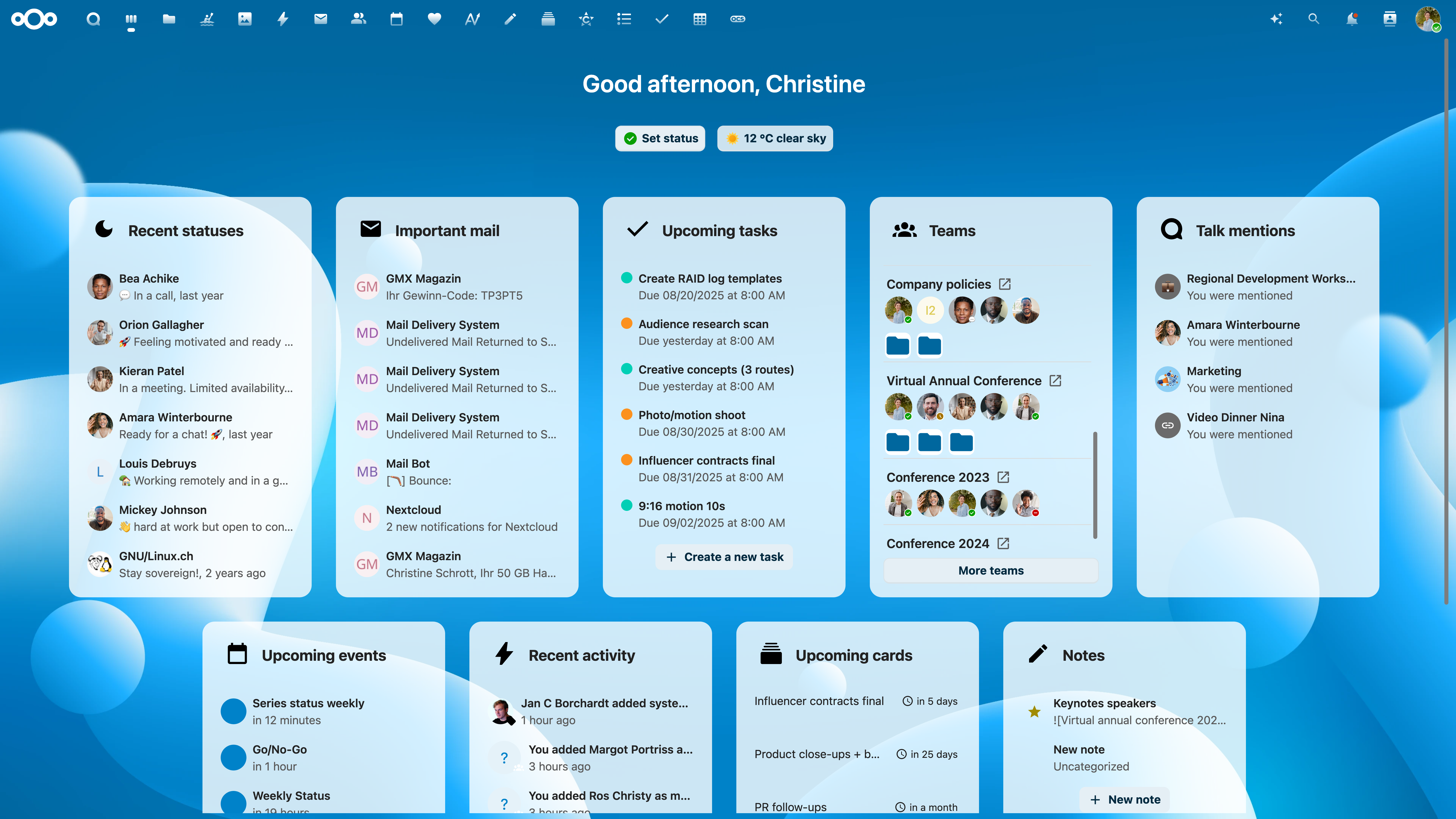 Nextcloud Hub Dashboard — Dateien, Kalender, Aufgaben und Mail auf einen Blick